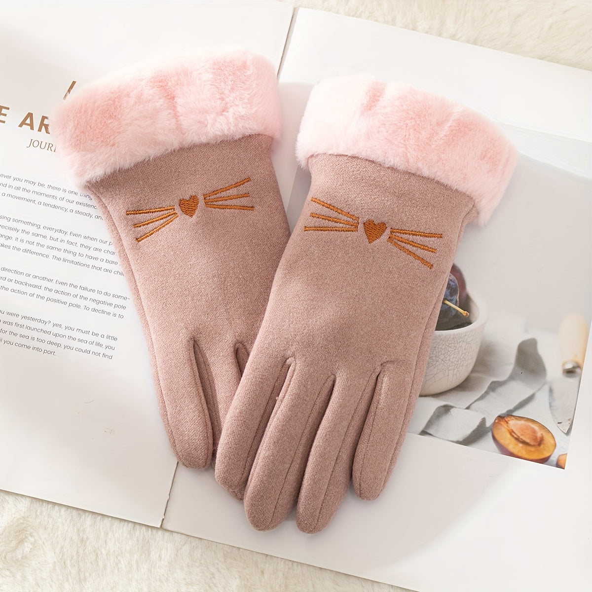 Cozy Women's Suede Gloves with Cute Cat Design - Warm Fleece-Lined Winter Gloves with Plush Cuffs, Touchscreen Compatible & Windproof