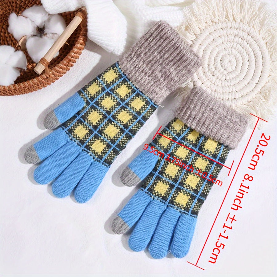 Thickened Full Finger Gloves - Warm, Touchscreen, Windproof, and Coldproof for Weekend Casual Sports - Acrylic Knit with Elasticity and Classic Contrast Color Plaid Design