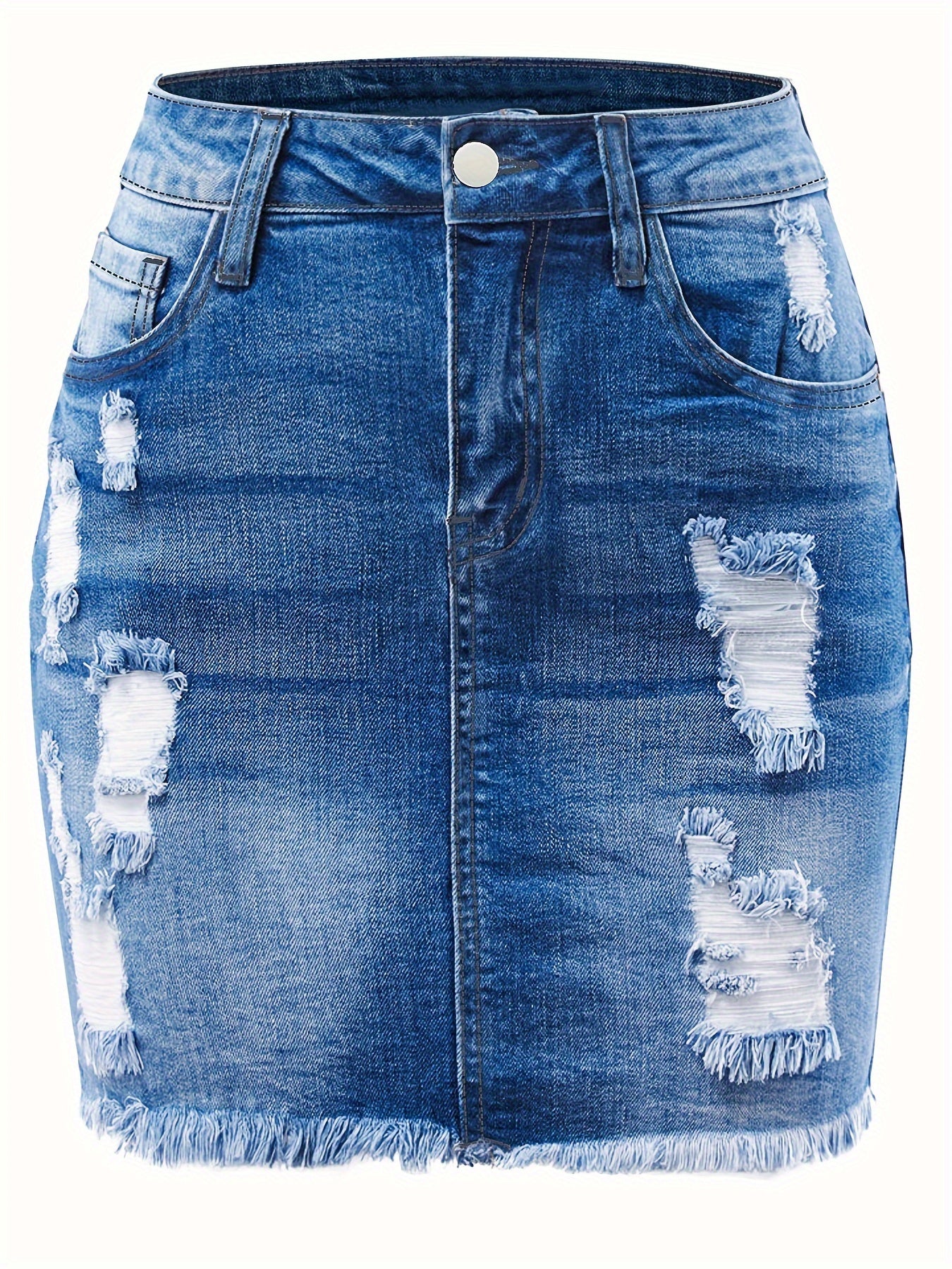 Plain Ripped Holes Denim Mini Skirt, Raw Hem High Stretch Distressed Denim Skirt, Women's Denim Clothing