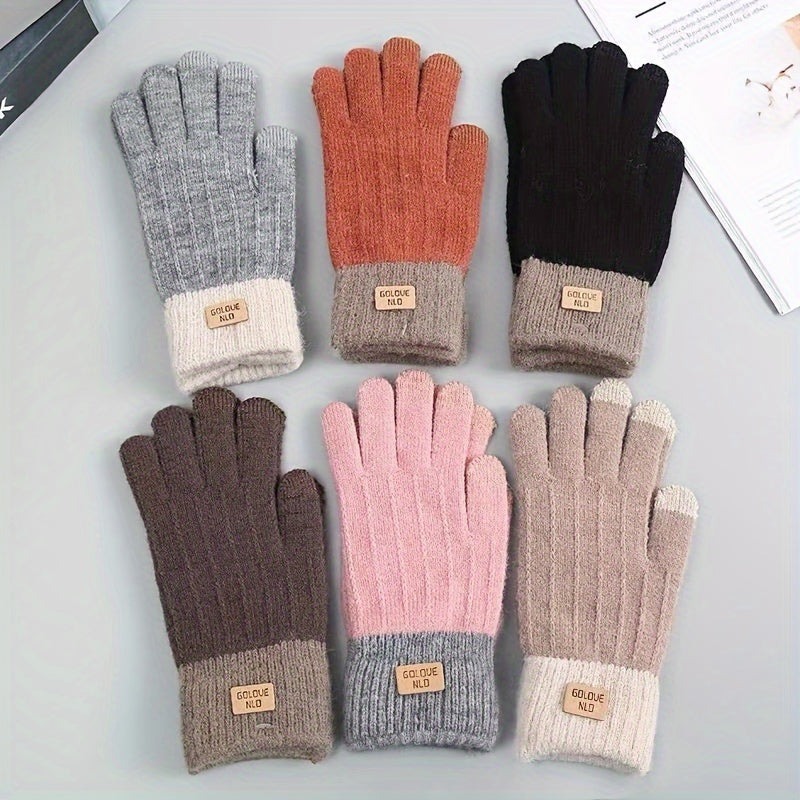 Unisex Color Block Knit Gloves, Short Elastic Thick Warm Touchscreen Gloves, Winter Coldproof Windproof Gloves Suitable Ski Riding