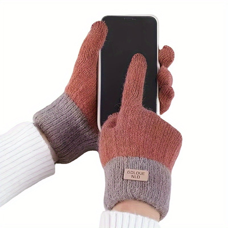Unisex Color Block Knit Gloves, Short Elastic Thick Warm Touchscreen Gloves, Winter Coldproof Windproof Gloves Suitable Ski Riding