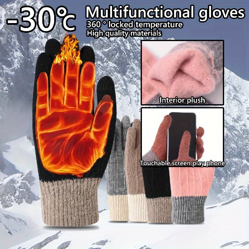 Unisex Color Block Knit Gloves, Short Elastic Thick Warm Touchscreen Gloves, Winter Coldproof Windproof Gloves Suitable Ski Riding