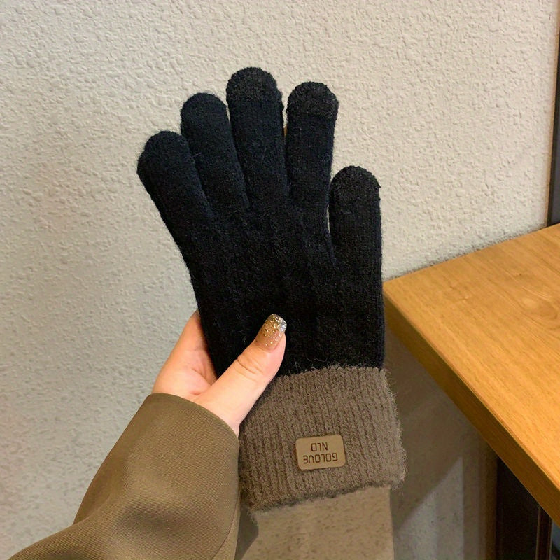 Unisex Color Block Knit Gloves, Short Elastic Thick Warm Touchscreen Gloves, Winter Coldproof Windproof Gloves Suitable Ski Riding