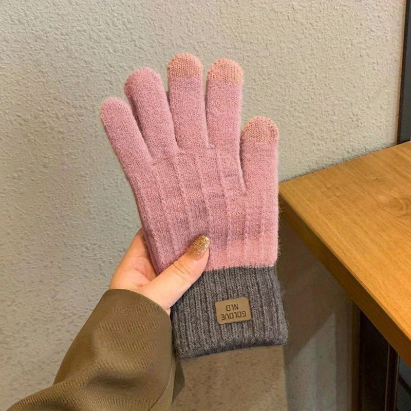 Unisex Color Block Knit Gloves, Short Elastic Thick Warm Touchscreen Gloves, Winter Coldproof Windproof Gloves Suitable Ski Riding