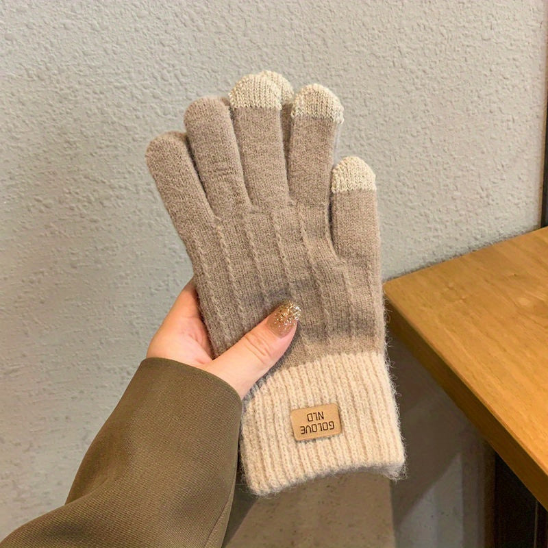 Unisex Color Block Knit Gloves, Short Elastic Thick Warm Touchscreen Gloves, Winter Coldproof Windproof Gloves Suitable Ski Riding