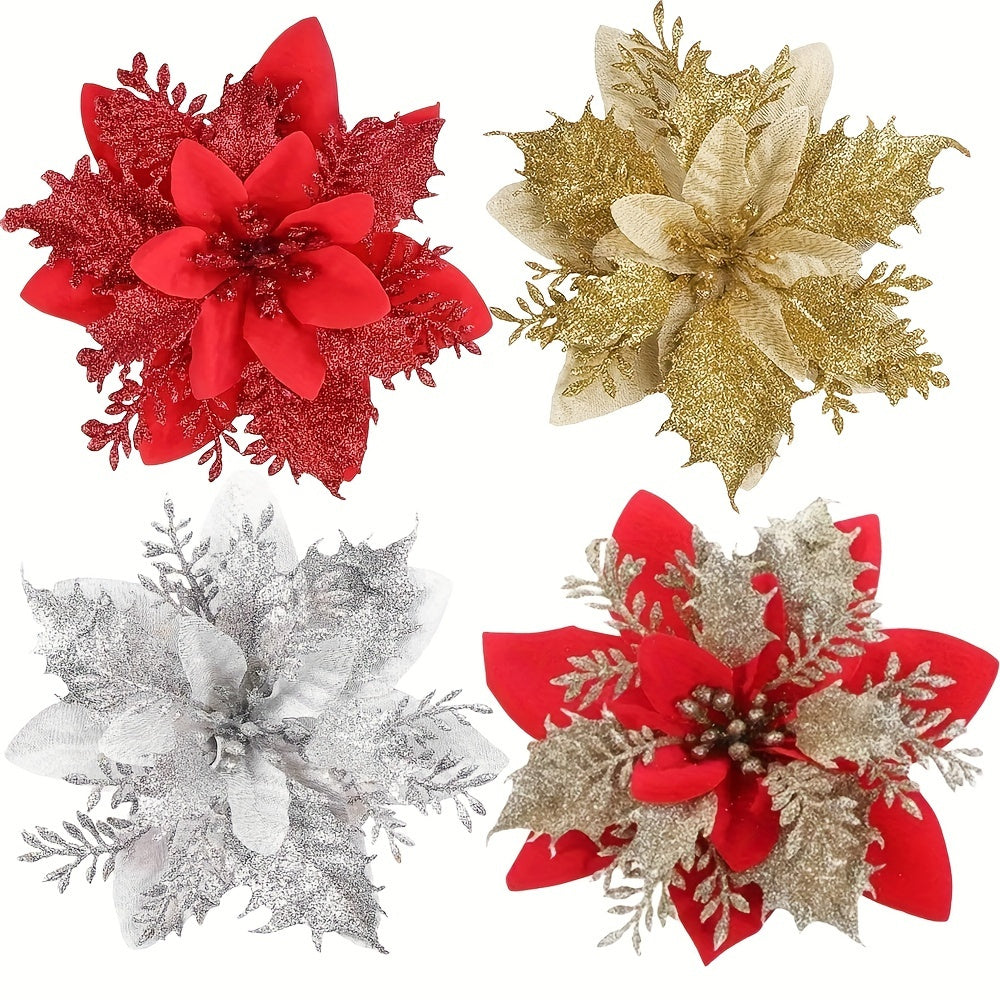 20pcs, 5.9inch Large Poinsettia Double Layer Pink Border Artificial Christmas Flowers - Vibrant Garland Accessories for Sparkling Christmas Tree Decoration, Wedding, Festive Party Decor - Premium Simulation Flowers for Holiday Season