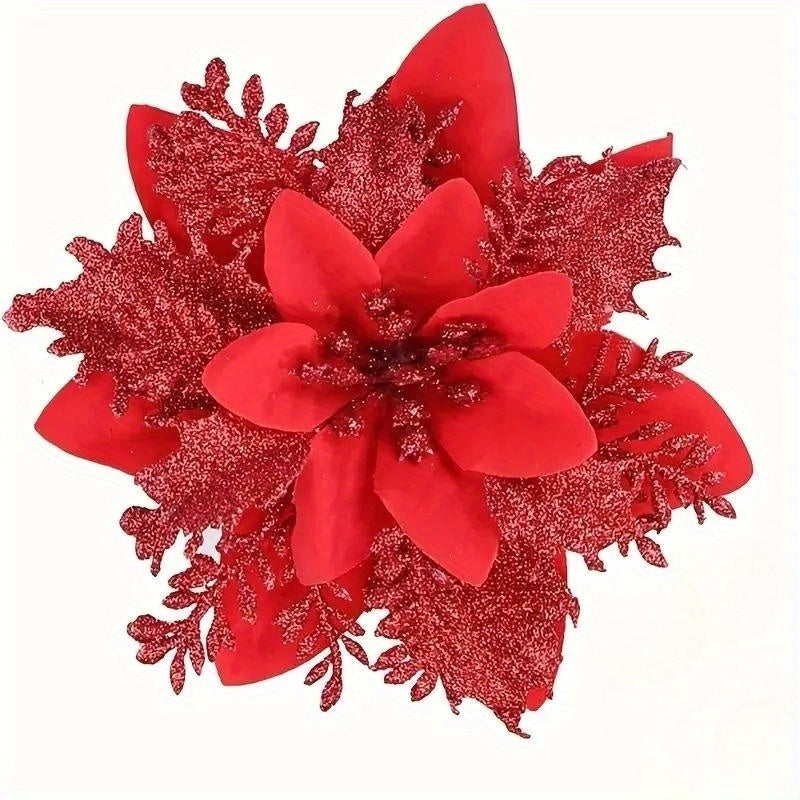 20pcs, 5.9inch Large Poinsettia Double Layer Pink Border Artificial Christmas Flowers - Vibrant Garland Accessories for Sparkling Christmas Tree Decoration, Wedding, Festive Party Decor - Premium Simulation Flowers for Holiday Season