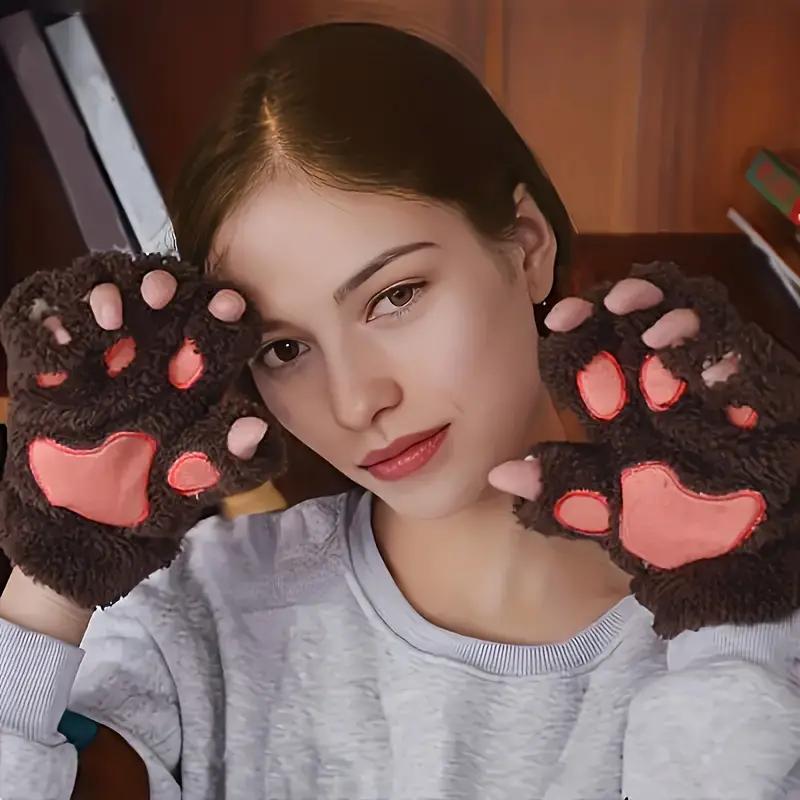 Cozy Cat Claw Plush Half-Finger Gloves - Thick, Warm & Soft For Autumn & Winter, Hand Wash Only, Perfect For Sports & Outdoor Activities