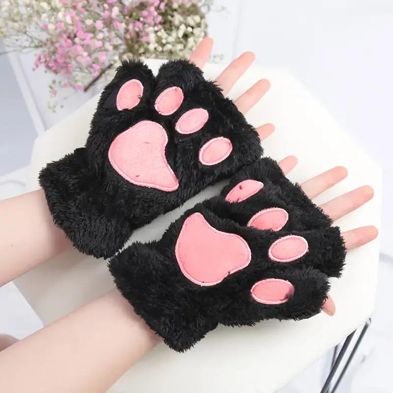 Cozy Cat Claw Plush Half-Finger Gloves - Thick, Warm & Soft For Autumn & Winter, Hand Wash Only, Perfect For Sports & Outdoor Activities