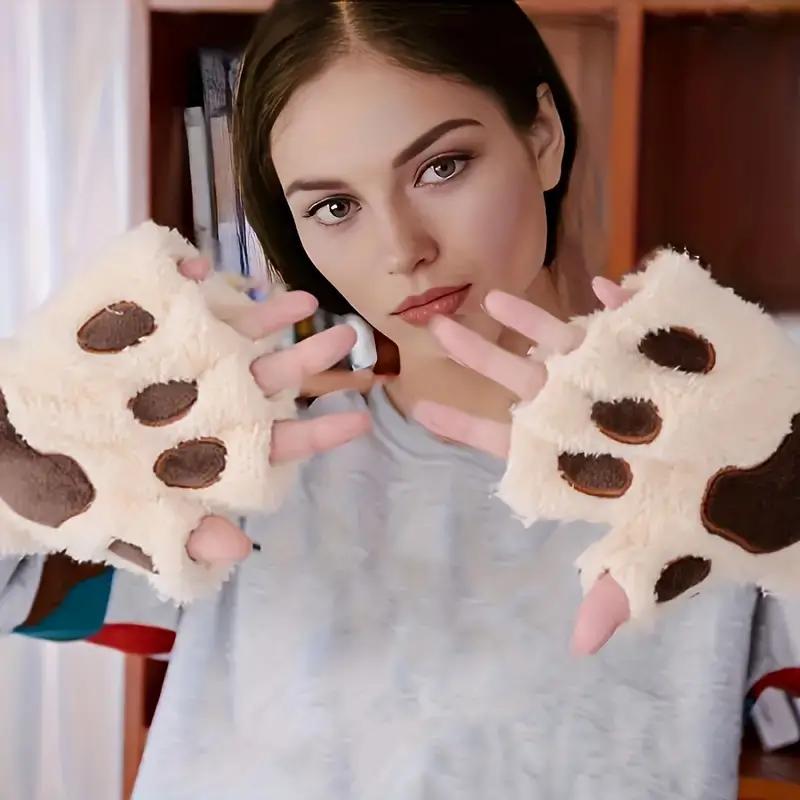 Cozy Cat Claw Plush Half-Finger Gloves - Thick, Warm & Soft For Autumn & Winter, Hand Wash Only, Perfect For Sports & Outdoor Activities