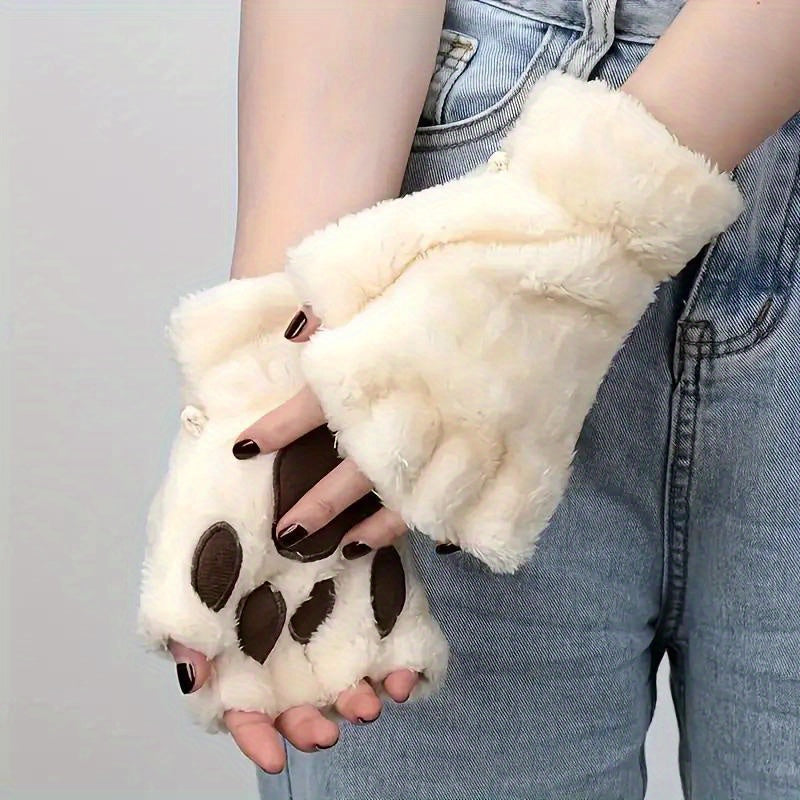 Cozy Cat Claw Plush Half-Finger Gloves - Thick, Warm & Soft For Autumn & Winter, Hand Wash Only, Perfect For Sports & Outdoor Activities