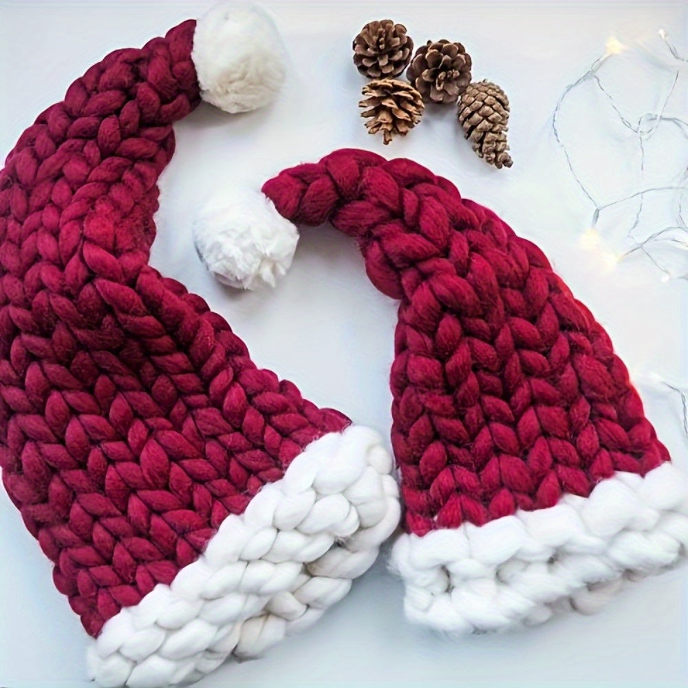 Hand-Knit Santa Claus Cap for Fall/Winter, Polyester Christmas Hat with Pull-On Closure, Lightweight and Fitted for Festive Occasions - Hand Wash Only