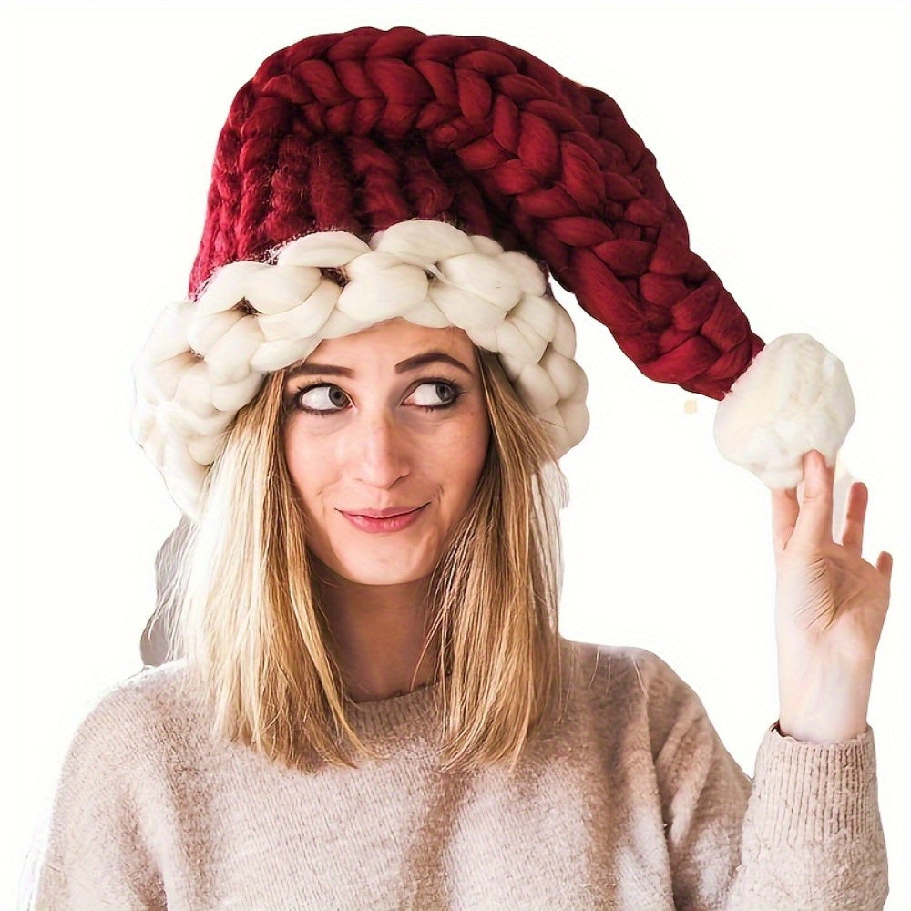 Hand-Knit Santa Claus Cap for Fall/Winter, Polyester Christmas Hat with Pull-On Closure, Lightweight and Fitted for Festive Occasions - Hand Wash Only