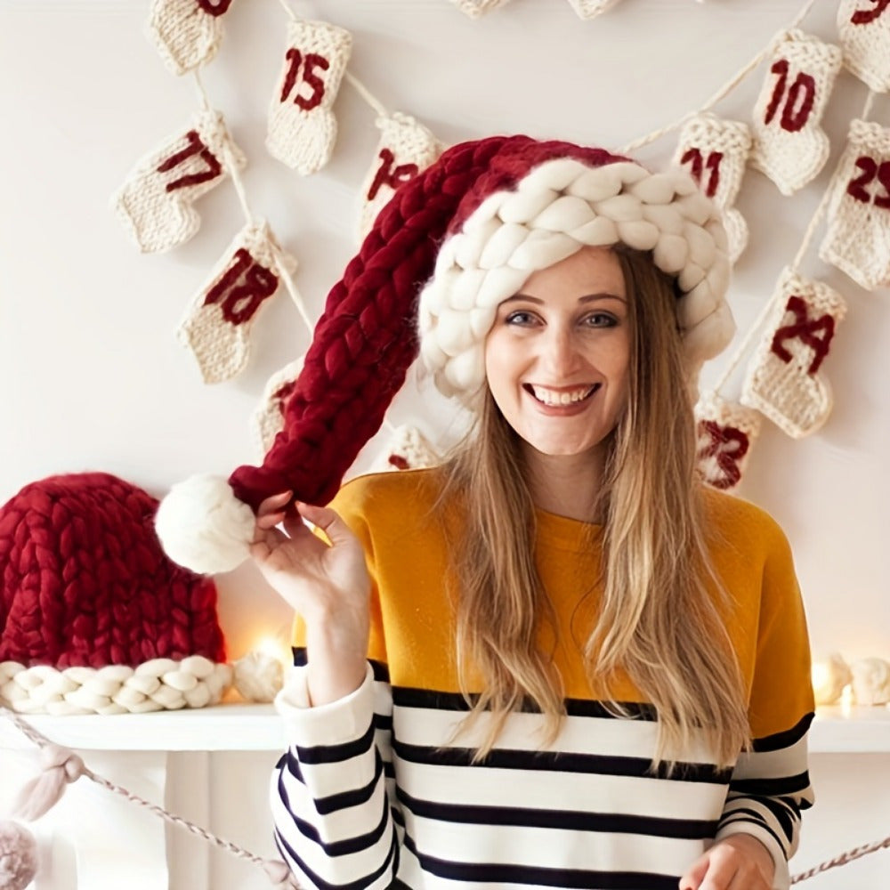 Hand-Knit Santa Claus Cap for Fall/Winter, Polyester Christmas Hat with Pull-On Closure, Lightweight and Fitted for Festive Occasions - Hand Wash Only