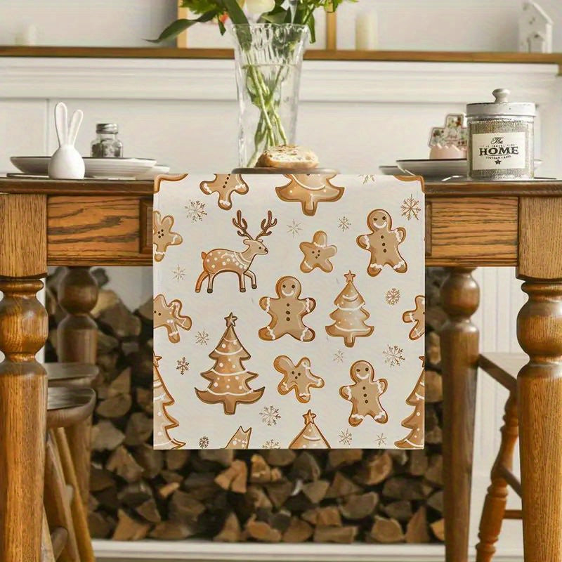 Christmas Polyester Table Runner - Machine Washable Rectangular Table Decoration with Gingerbread Man and Tree Motifs for Holiday Dining and Home Decor