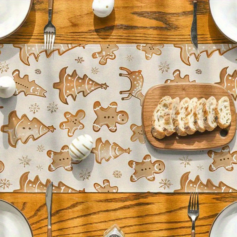 Christmas Polyester Table Runner - Machine Washable Rectangular Table Decoration with Gingerbread Man and Tree Motifs for Holiday Dining and Home Decor