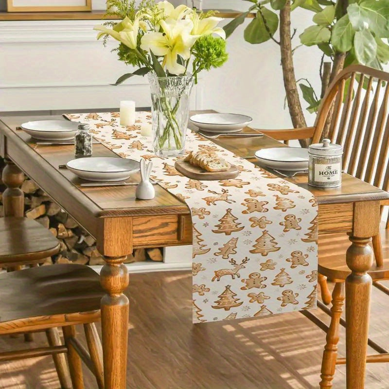 Christmas Polyester Table Runner - Machine Washable Rectangular Table Decoration with Gingerbread Man and Tree Motifs for Holiday Dining and Home Decor