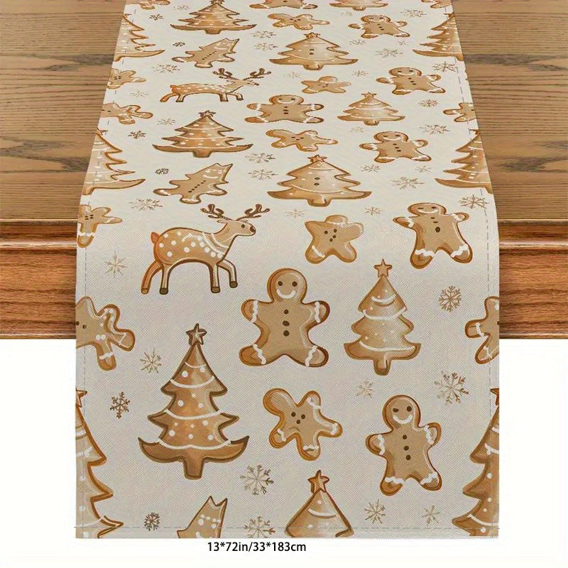 Christmas Polyester Table Runner - Machine Washable Rectangular Table Decoration with Gingerbread Man and Tree Motifs for Holiday Dining and Home Decor