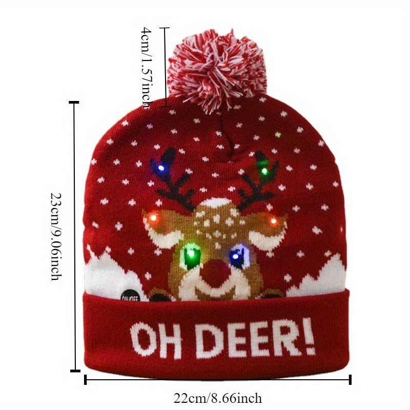 Festive LED Beanie Hats with Pom Poms - Christmas-Themed Knit Caps with Decorative Patterns, Battery-Powered (Included), One-Time Use - Pack of 1