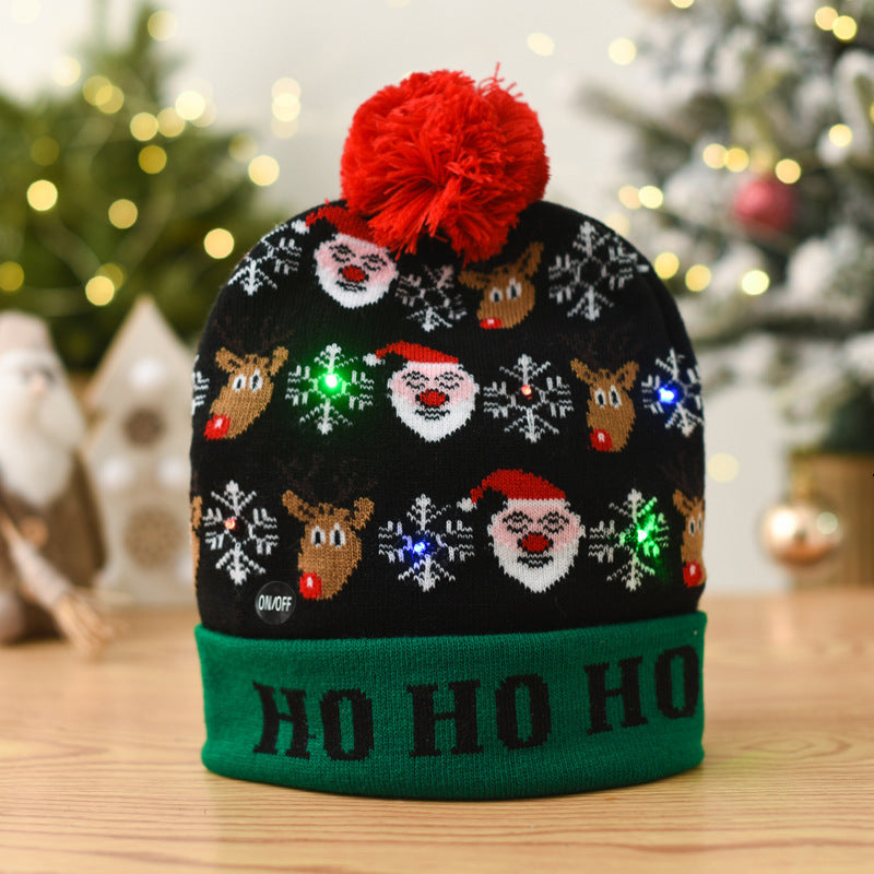 Festive LED Beanie Hats with Pom Poms - Christmas-Themed Knit Caps with Decorative Patterns, Battery-Powered (Included), One-Time Use - Pack of 1