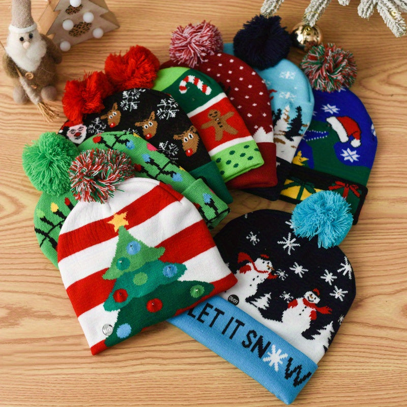 Festive LED Beanie Hats with Pom Poms - Christmas-Themed Knit Caps with Decorative Patterns, Battery-Powered (Included), One-Time Use - Pack of 1
