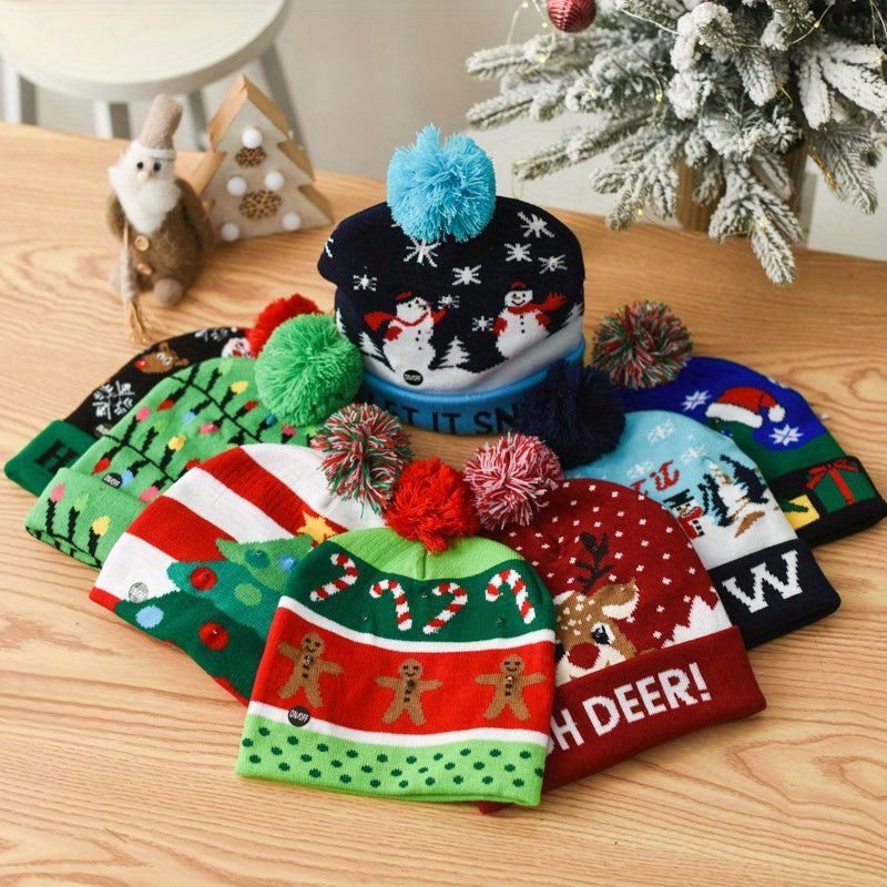 Festive LED Beanie Hats with Pom Poms - Christmas-Themed Knit Caps with Decorative Patterns, Battery-Powered (Included), One-Time Use - Pack of 1