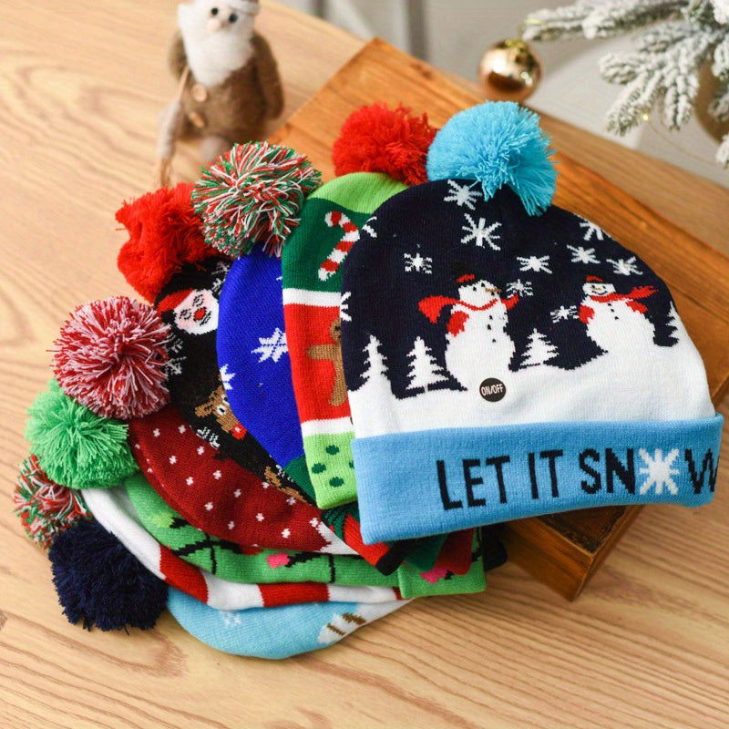 Festive LED Beanie Hats with Pom Poms - Christmas-Themed Knit Caps with Decorative Patterns, Battery-Powered (Included), One-Time Use - Pack of 1