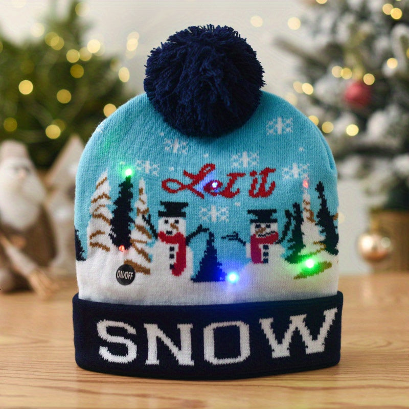 Festive LED Beanie Hats with Pom Poms - Christmas-Themed Knit Caps with Decorative Patterns, Battery-Powered (Included), One-Time Use - Pack of 1