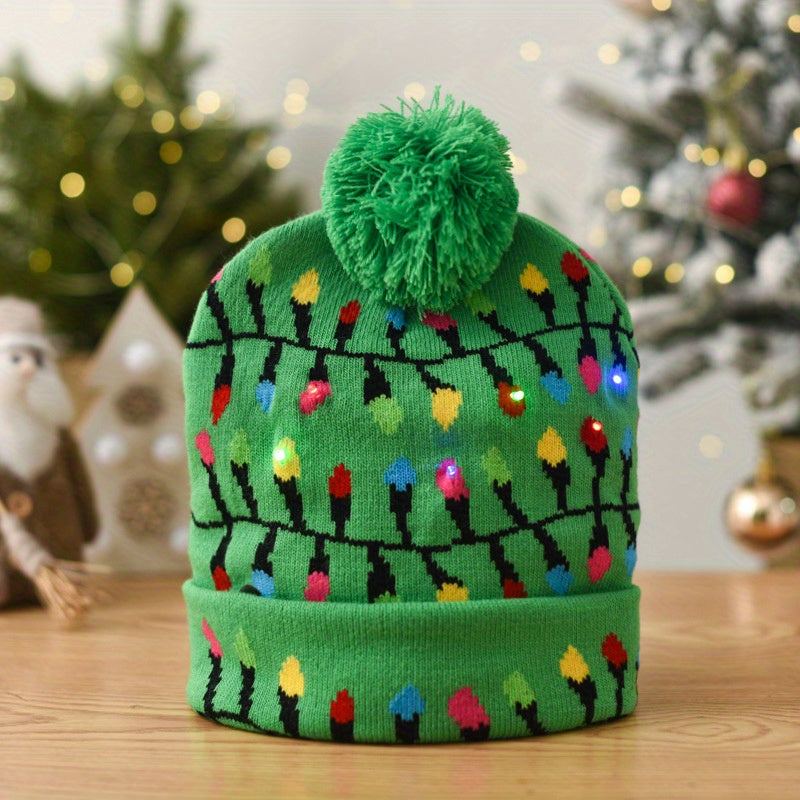 Festive LED Beanie Hats with Pom Poms - Christmas-Themed Knit Caps with Decorative Patterns, Battery-Powered (Included), One-Time Use - Pack of 1