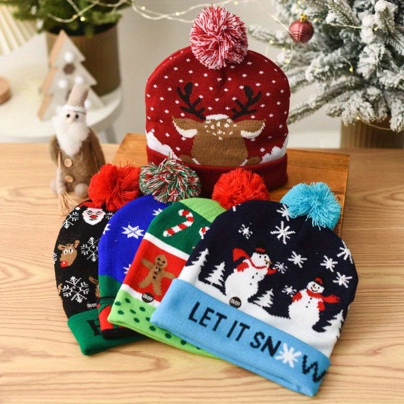 Festive LED Beanie Hats with Pom Poms - Christmas-Themed Knit Caps with Decorative Patterns, Battery-Powered (Included), One-Time Use - Pack of 1