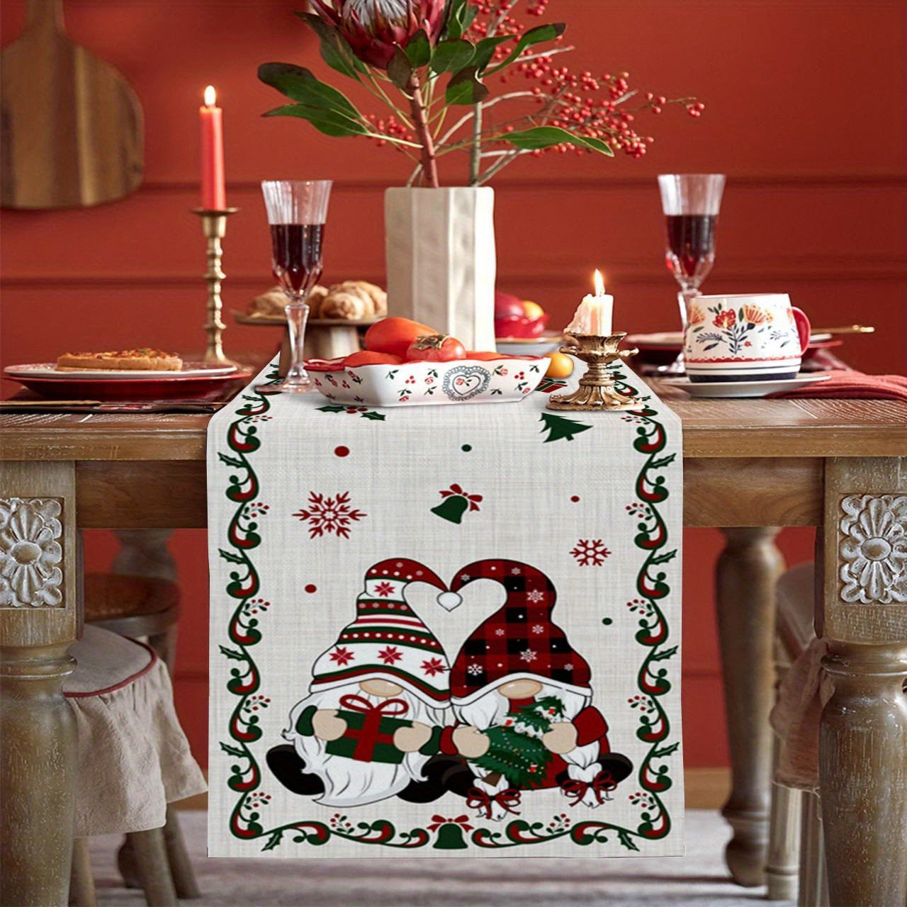 Vibrant Christmas Gnome Table Runner - Durable PVC & Polyester Material, Easy-to-Clean, Washable, and Reusable Festive Centerpiece for Kitchen Dinner, Holiday, Birthday, Wedding Party Decoration with Colorful Xmas Tree & Snowflake Design, Adding a Touch o