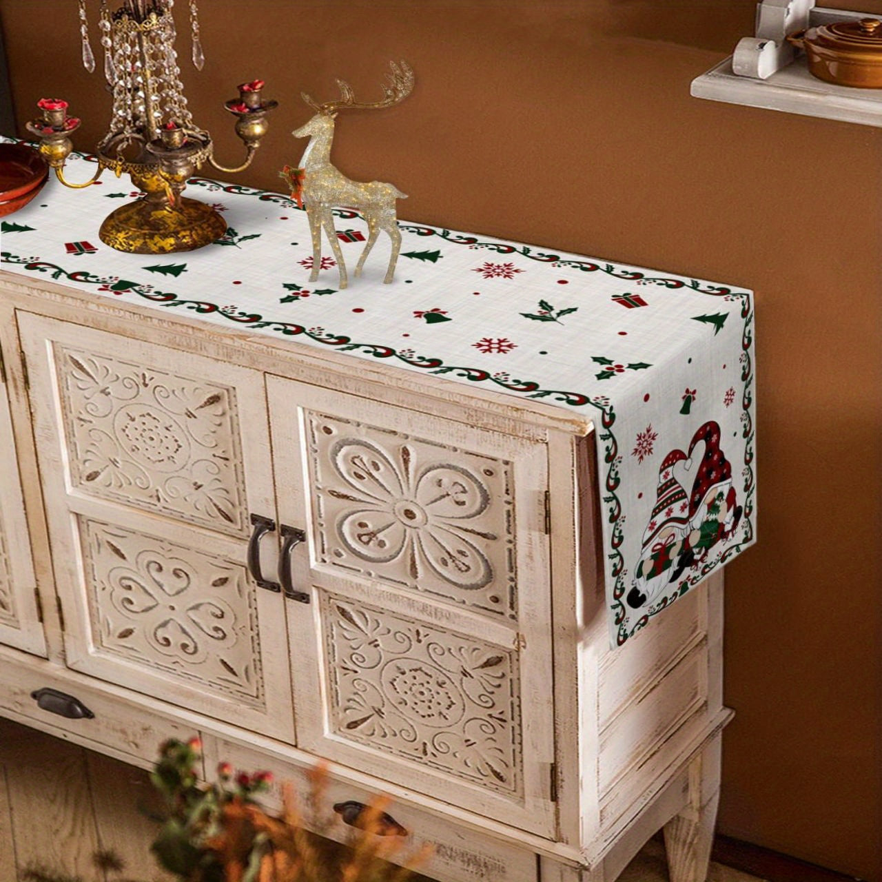 Vibrant Christmas Gnome Table Runner - Durable PVC & Polyester Material, Easy-to-Clean, Washable, and Reusable Festive Centerpiece for Kitchen Dinner, Holiday, Birthday, Wedding Party Decoration with Colorful Xmas Tree & Snowflake Design, Adding a Touch o