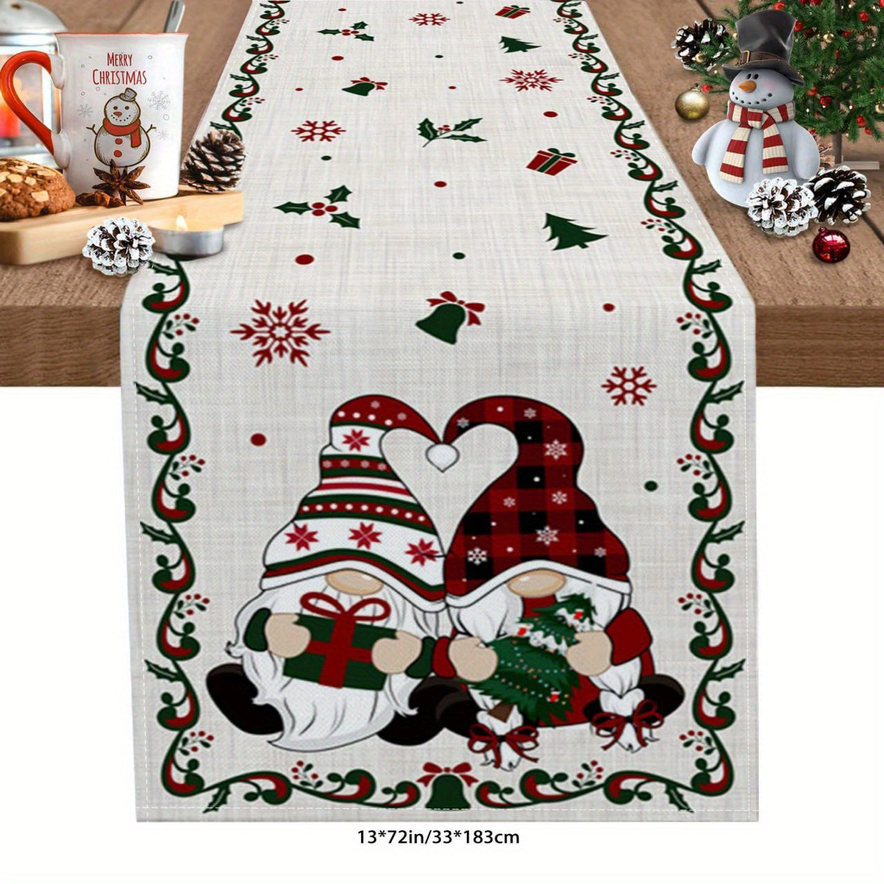 Vibrant Christmas Gnome Table Runner - Durable PVC & Polyester Material, Easy-to-Clean, Washable, and Reusable Festive Centerpiece for Kitchen Dinner, Holiday, Birthday, Wedding Party Decoration with Colorful Xmas Tree & Snowflake Design, Adding a Touch o