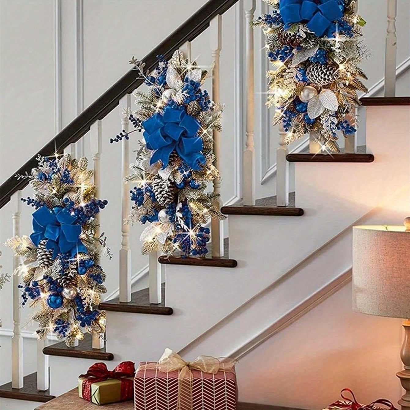 2PCS Artificial Christmas Swags for Stair Decoration, Stair Christmas Decoration for Home Party Shopwindow, Holiday Wall Door Hanging Decor