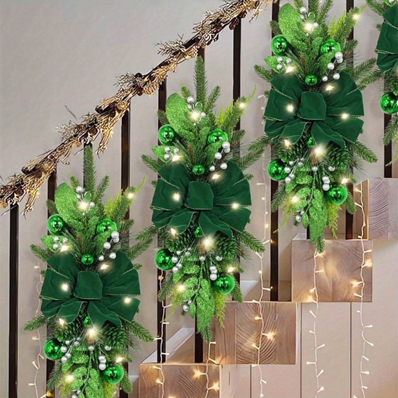 2PCS Artificial Christmas Swags for Stair Decoration, Stair Christmas Decoration for Home Party Shopwindow, Holiday Wall Door Hanging Decor