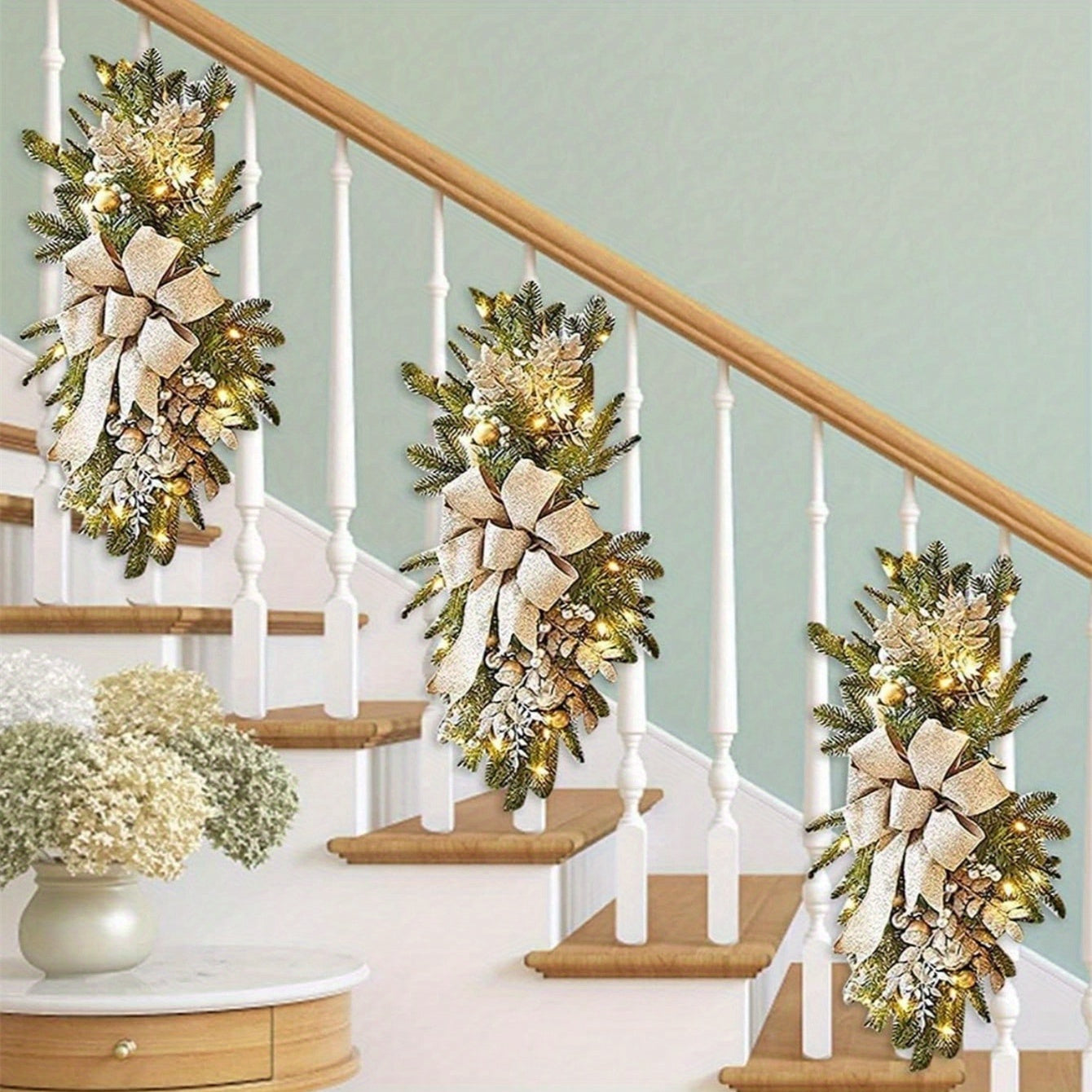 2PCS Artificial Christmas Swags for Stair Decoration, Stair Christmas Decoration for Home Party Shopwindow, Holiday Wall Door Hanging Decor