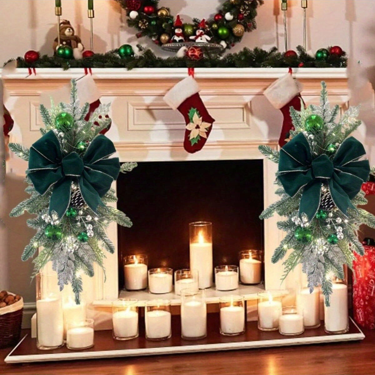 2PCS Artificial Christmas Swags for Stair Decoration, Stair Christmas Decoration for Home Party Shopwindow, Holiday Wall Door Hanging Decor