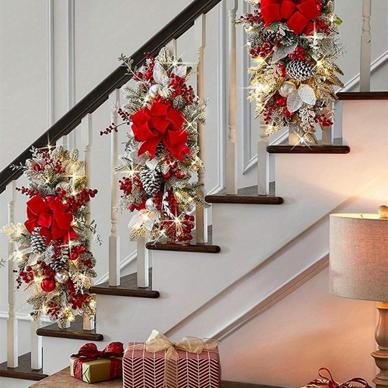 2PCS Artificial Christmas Swags for Stair Decoration, Stair Christmas Decoration for Home Party Shopwindow, Holiday Wall Door Hanging Decor