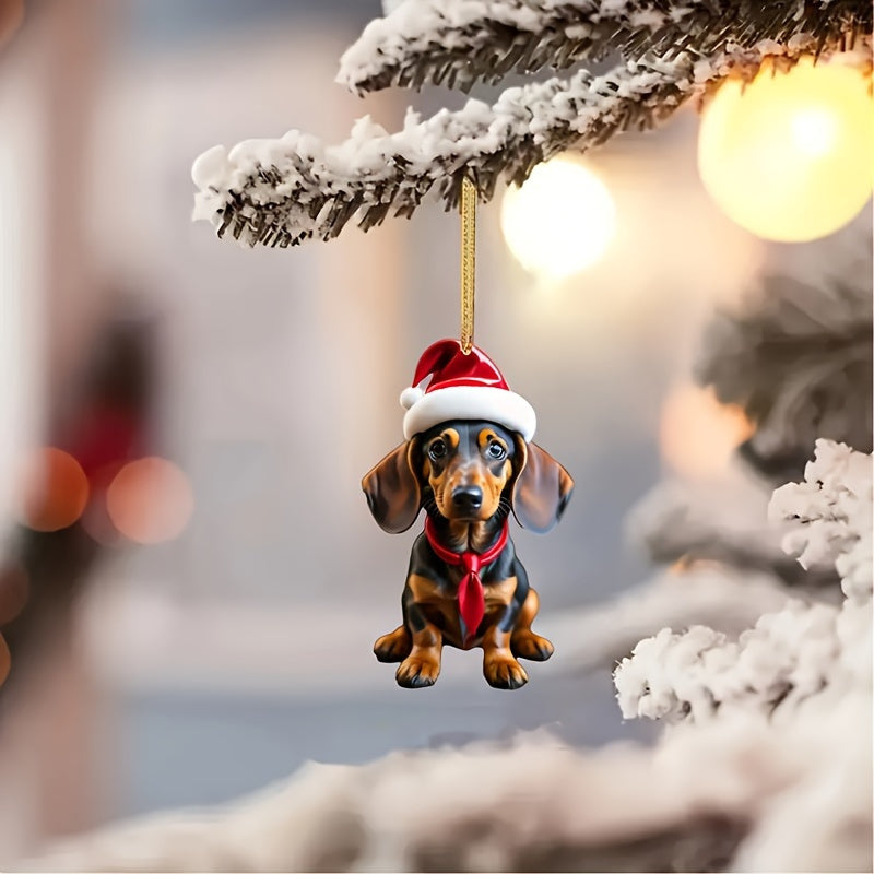 5pcs Adorable Dachshund Puppies with Christmas Hats - Classic Acrylic Ornaments for Holiday Tree Decorations