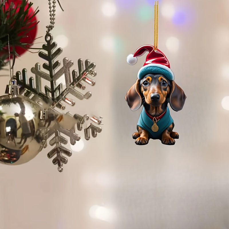 5pcs Adorable Dachshund Puppies with Christmas Hats - Classic Acrylic Ornaments for Holiday Tree Decorations