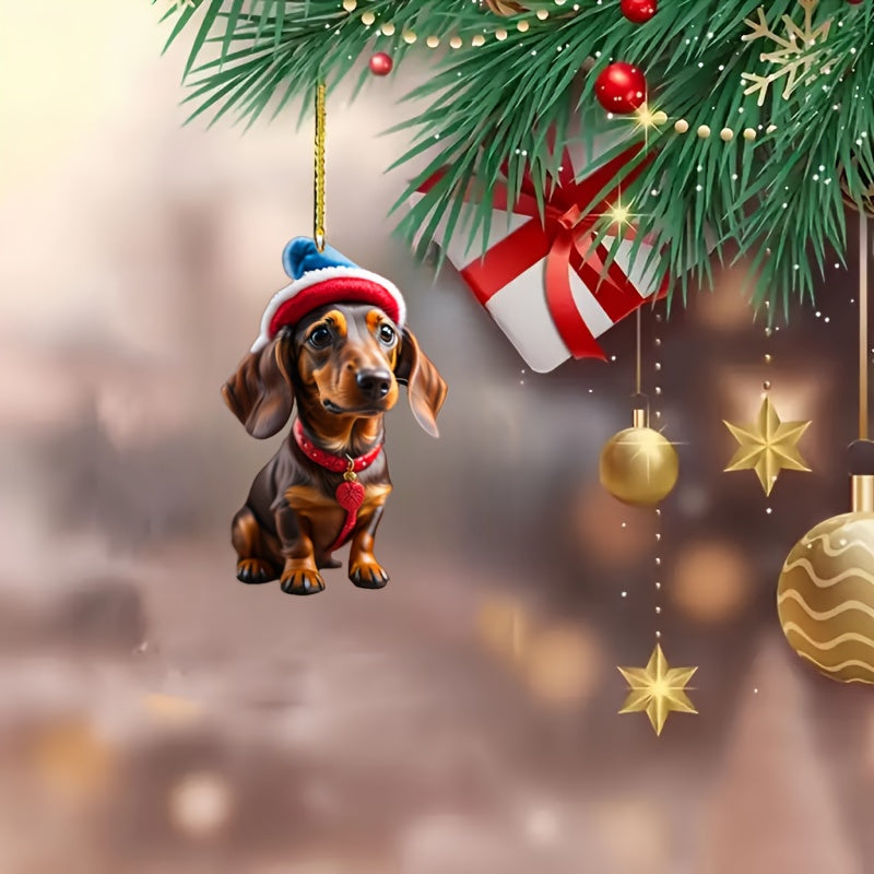 5pcs Adorable Dachshund Puppies with Christmas Hats - Classic Acrylic Ornaments for Holiday Tree Decorations