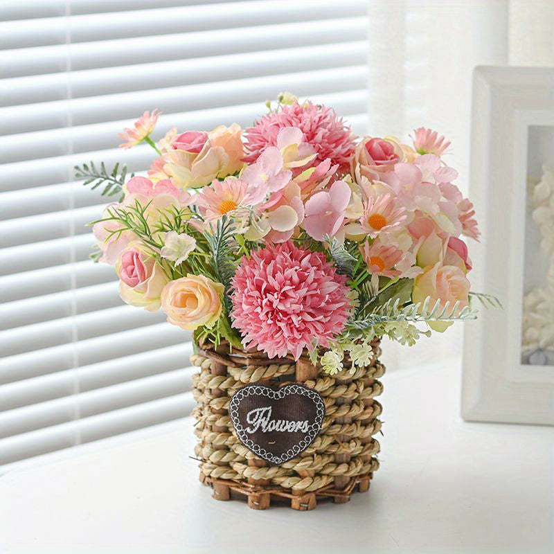 1pc Vibrant Sunflower Artificial Flower Arrangement - Rustic Woven Basket Vase, Realistic Faux Floral Display, Perfect for Valentine's Day, Home Decor, Tabletop Decoration, Durable Plastic Construction