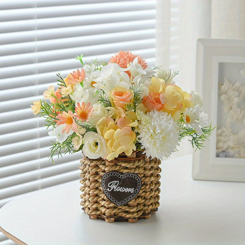 1pc Vibrant Sunflower Artificial Flower Arrangement - Rustic Woven Basket Vase, Realistic Faux Floral Display, Perfect for Valentine's Day, Home Decor, Tabletop Decoration, Durable Plastic Construction