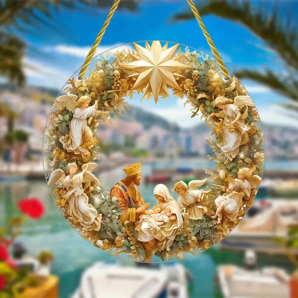 1pc Transparent Circular Jesus Birth Scene Hanging Ornament with Artificial Coloring for Home and Garden Art Gifts, Living Room, Window Decoration