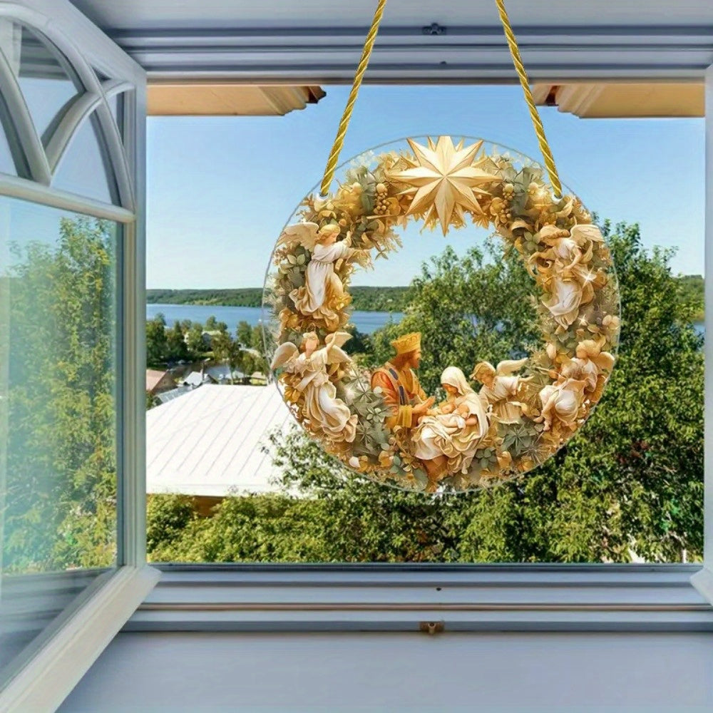 1pc Transparent Circular Jesus Birth Scene Hanging Ornament with Artificial Coloring for Home and Garden Art Gifts, Living Room, Window Decoration