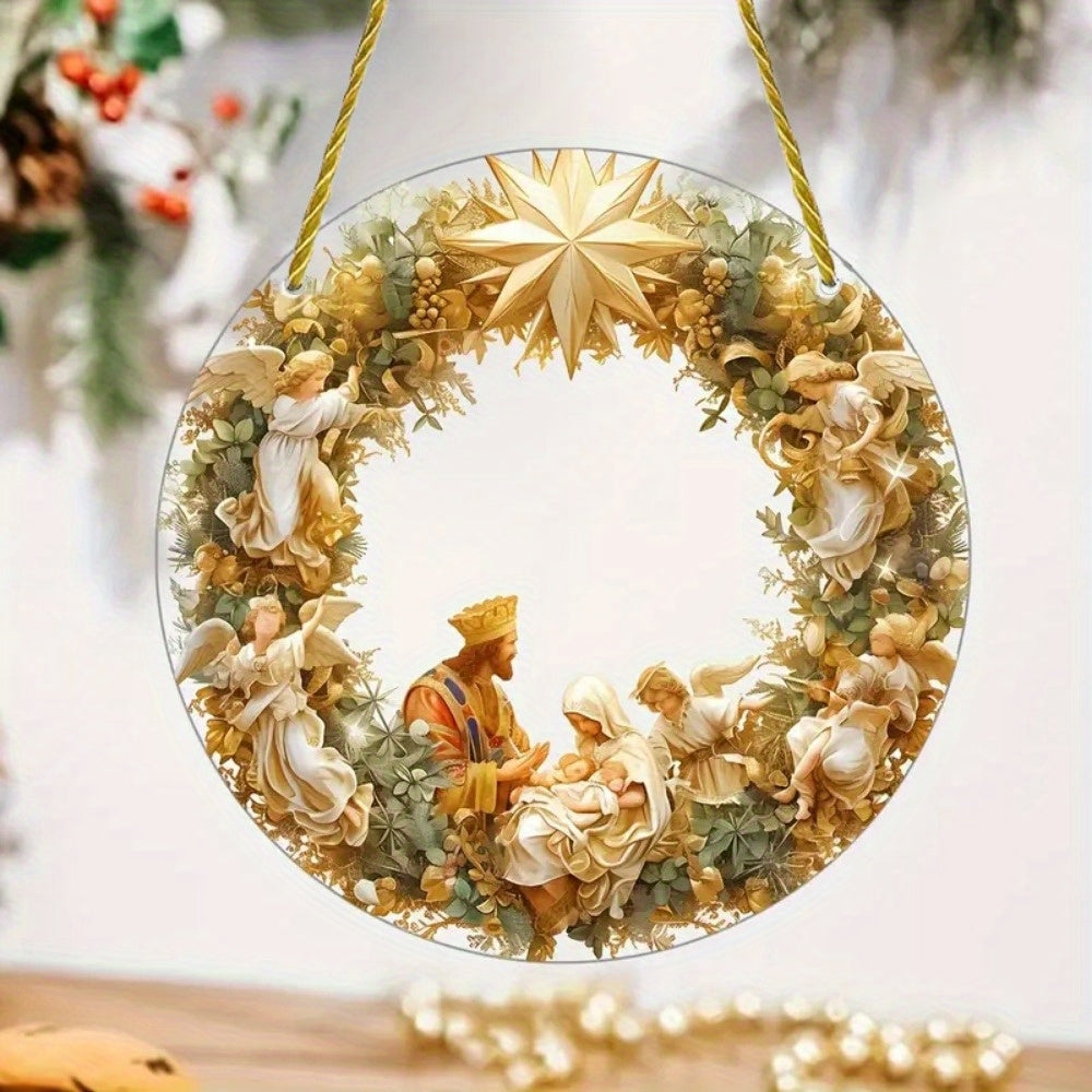 1pc Transparent Circular Jesus Birth Scene Hanging Ornament with Artificial Coloring for Home and Garden Art Gifts, Living Room, Window Decoration