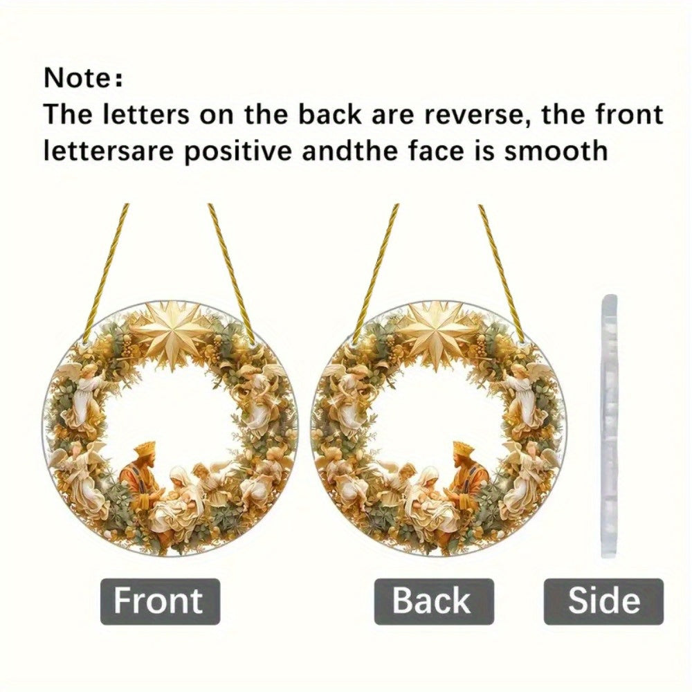 1pc Transparent Circular Jesus Birth Scene Hanging Ornament with Artificial Coloring for Home and Garden Art Gifts, Living Room, Window Decoration