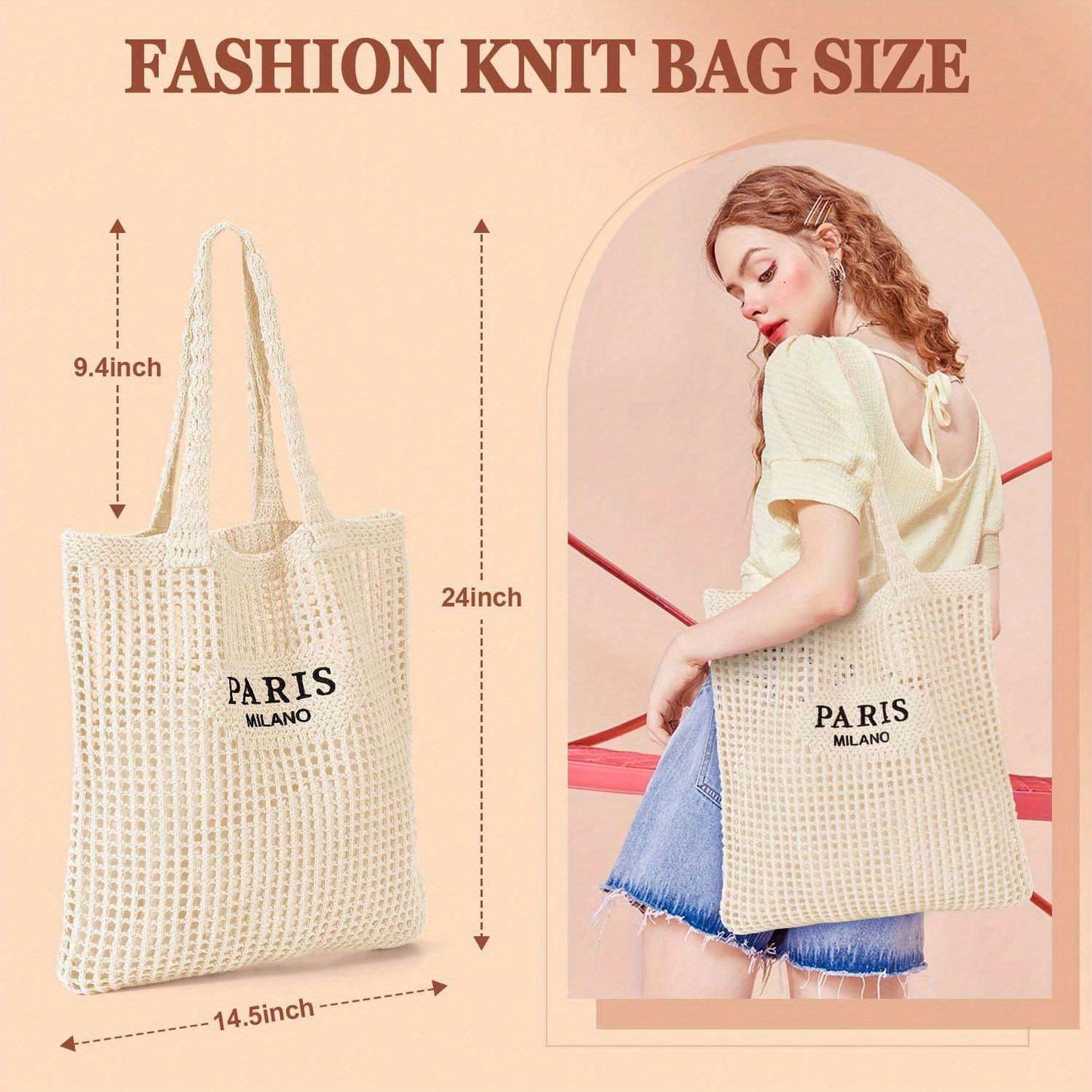 1Pc Crochet Tote Bag For Women, Crochet Mesh Beach Tote Bag Summer Vacation Aesthetic Boho Knit Bag For Women