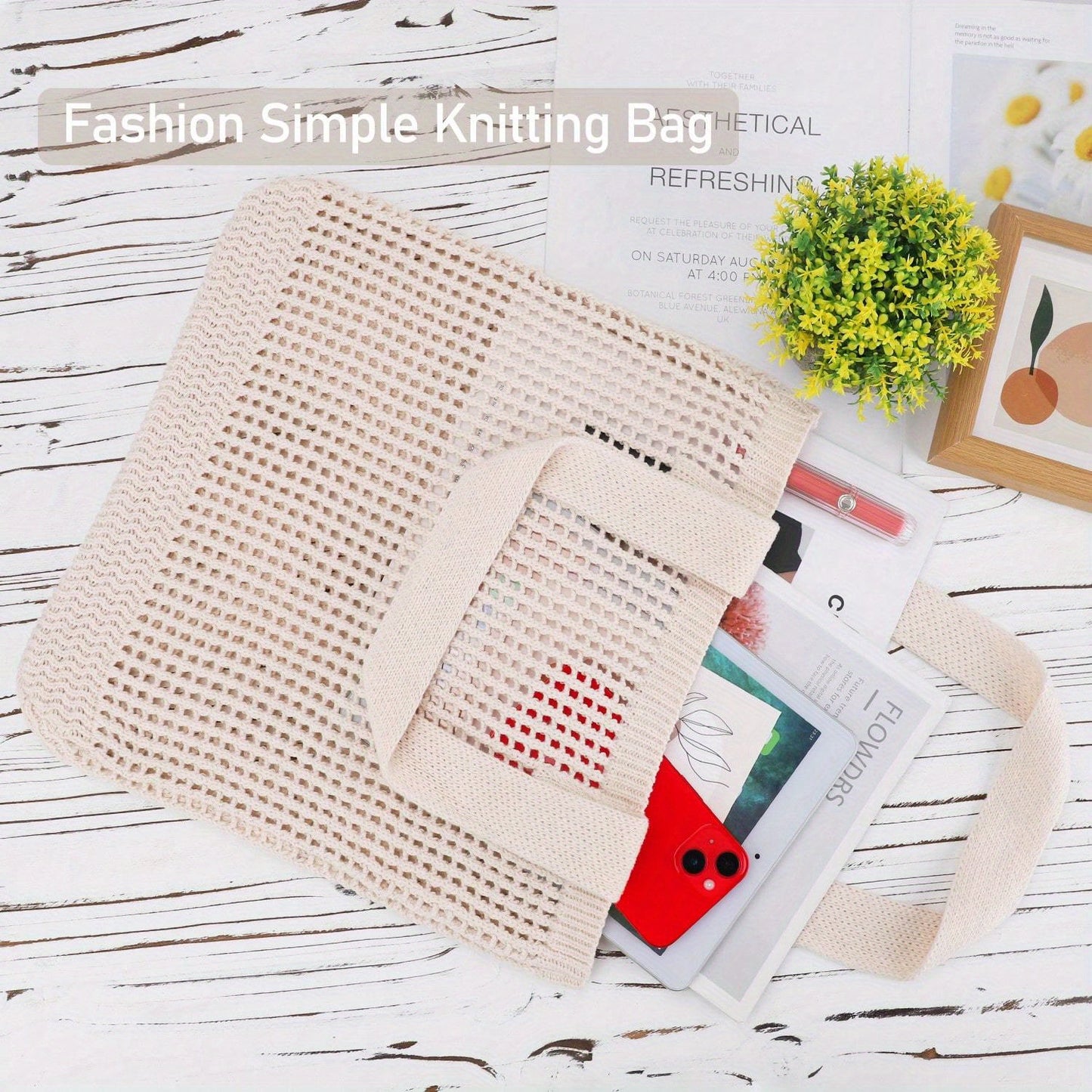 1Pc Crochet Tote Bag For Women, Crochet Mesh Beach Tote Bag Summer Vacation Aesthetic Boho Knit Bag For Women
