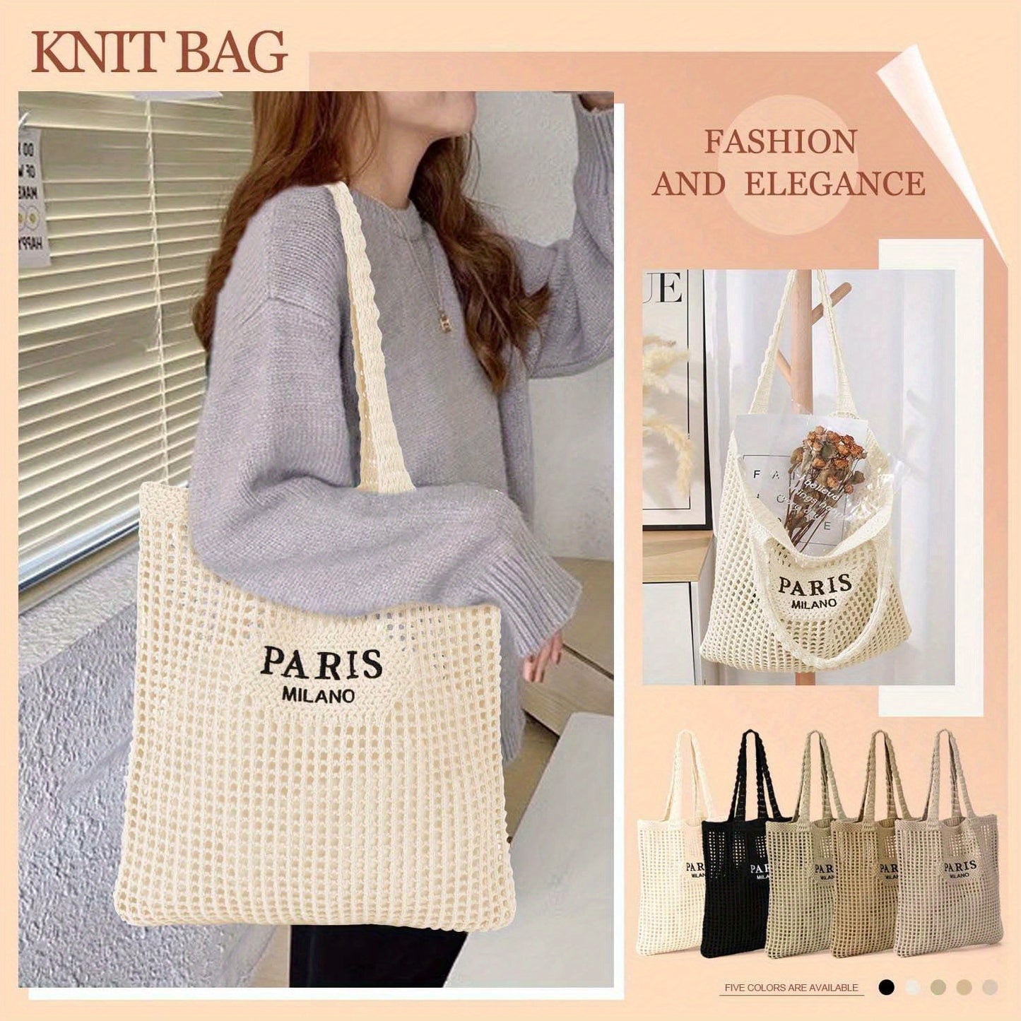 1Pc Crochet Tote Bag For Women, Crochet Mesh Beach Tote Bag Summer Vacation Aesthetic Boho Knit Bag For Women